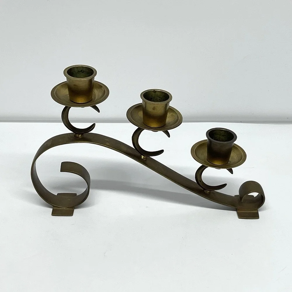Vintage Solid Brass Candelabra Candle Holder Centerpiece Hollywood Regency Style
